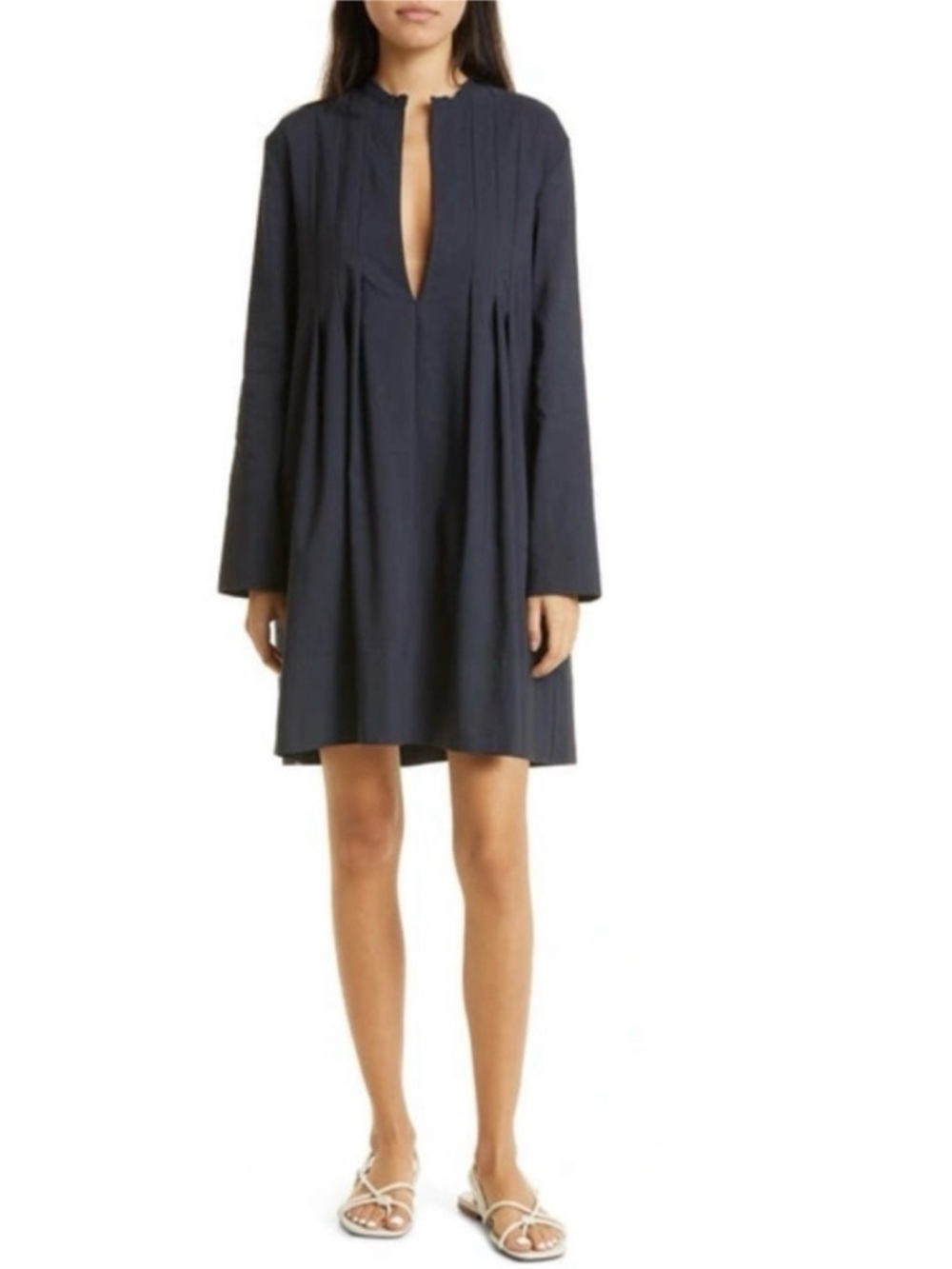 Vince Pleated Long-Sleeve Mini Trapeze Dress Size 6 Linen Cotton Navy Blue EUC